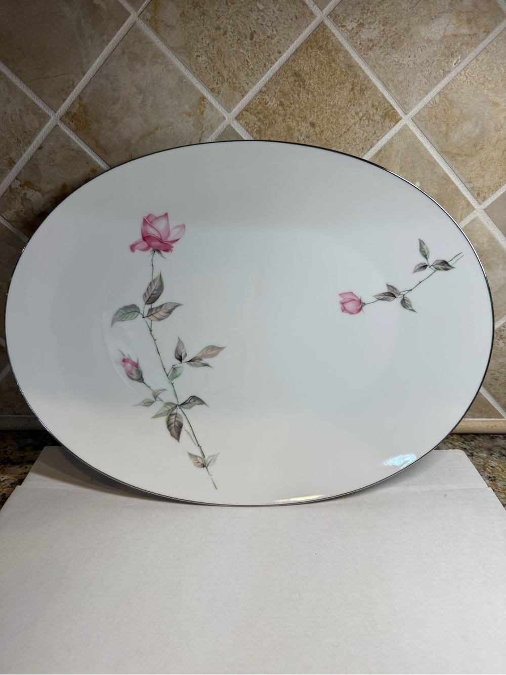Vintage Sango Japan Dawn Rose 16” Oval Serving Platter Pink Roses Platinum Trim